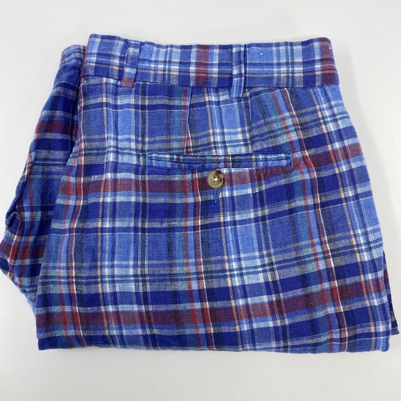 Peter Millar Mens Sz35 Blue Red Plaid 100% Linen Golf Shorts - Picture 1 of 6